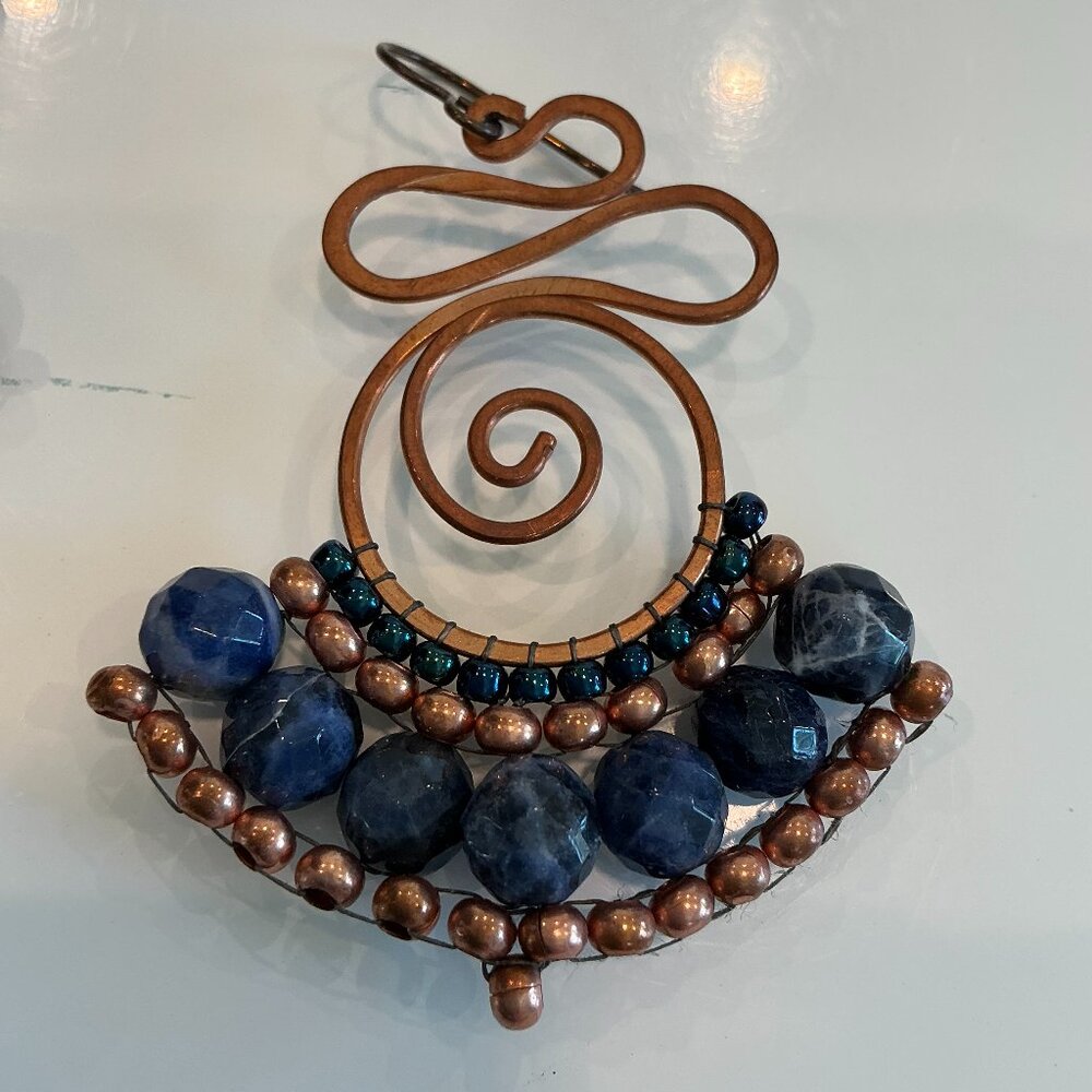 Lulii Blu, Copper and Blue Agate Handmade Spiral Earrings, 2.25" x 2"